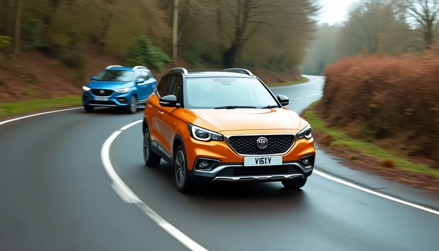 MG4 vs BYD Dolphin Driving Dynamics Comparison — Plug & Drive MG4 cornering on a winding country road with BYD Dolphin following behind, demonstrating the handling differences between the two affordable EVs