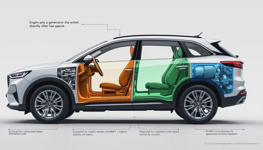 BYD Sealion 6 DM-i hybrid powertrain diagram showing petrol engine, electric motor, and Blade Battery energy flow layout