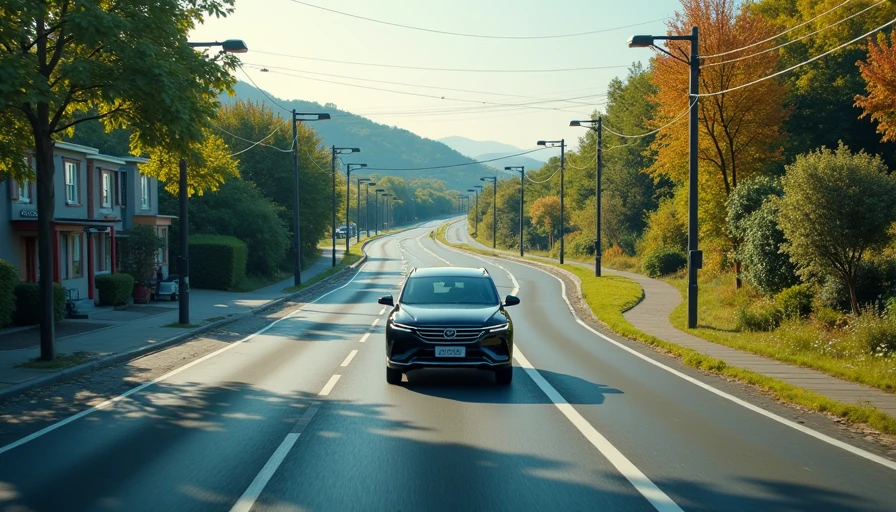 BYD DM-i Super Hybrid Driving Modes City Suburban Highway — Plug & Drive BYD Sealion 6 driving through city, suburban, and highway environments in one continuous road composition illustrating DM-i hybrid operating modes