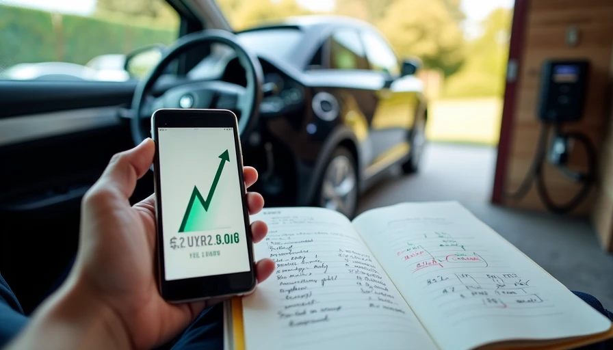 Smartphone displaying low EV home charging costs with BYD Atto 3 plugged into garage wall charger, handwritten petrol car expense notes visible for comparison