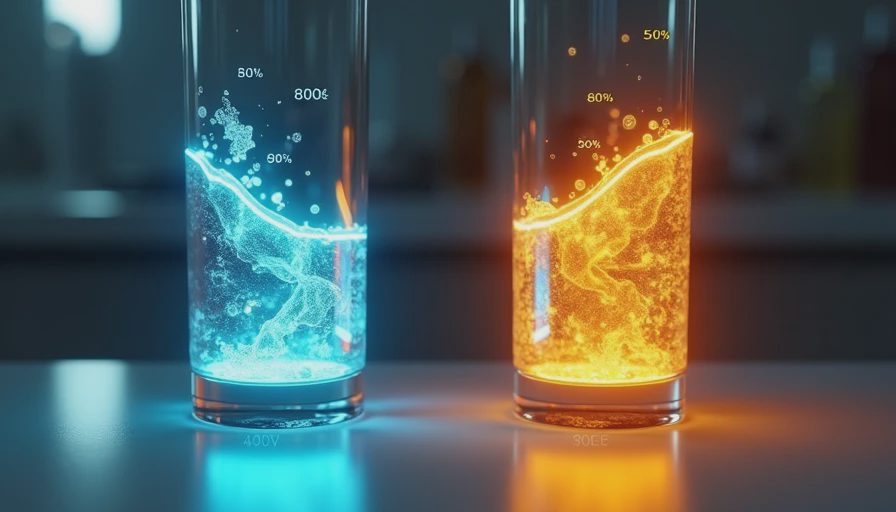 Glowing glass tubes comparing 400V and 800V EV charging speeds with liquid rising at different rates, visualising the charging curve difference between the two architectures