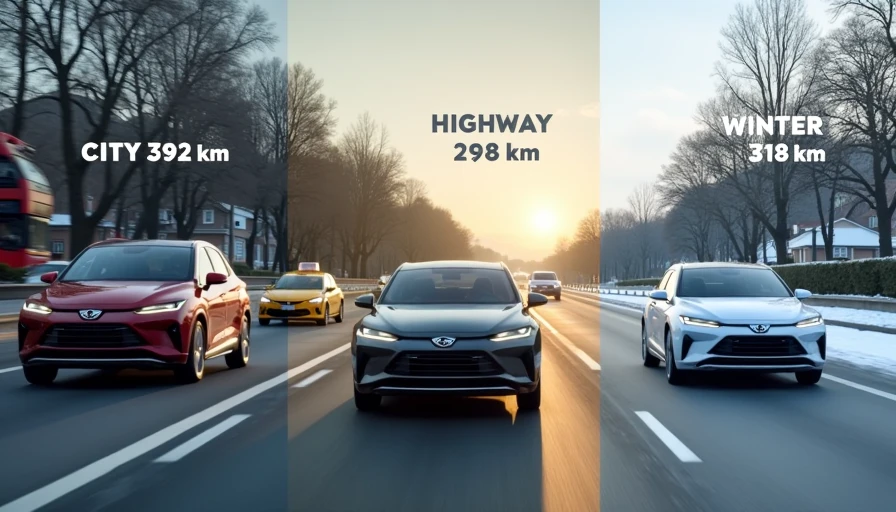 BYD Dolphin real-world range comparison across city, highway, and winter driving conditions showing 392 km, 298 km, and 318 km results