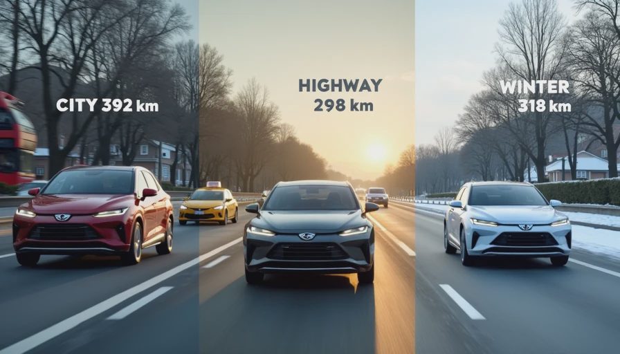 BYD Dolphin real-world range comparison across city, highway, and winter driving conditions showing 392 km, 298 km, and 318 km results