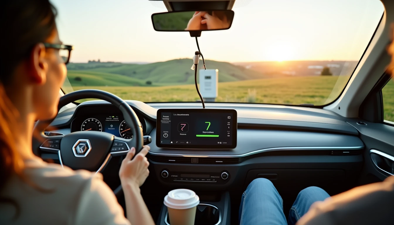 Driver's view from inside a BYD Seal charging at an Ionity station in rural France, dashboard showing 72 percent charge with French countryside visible through windshield