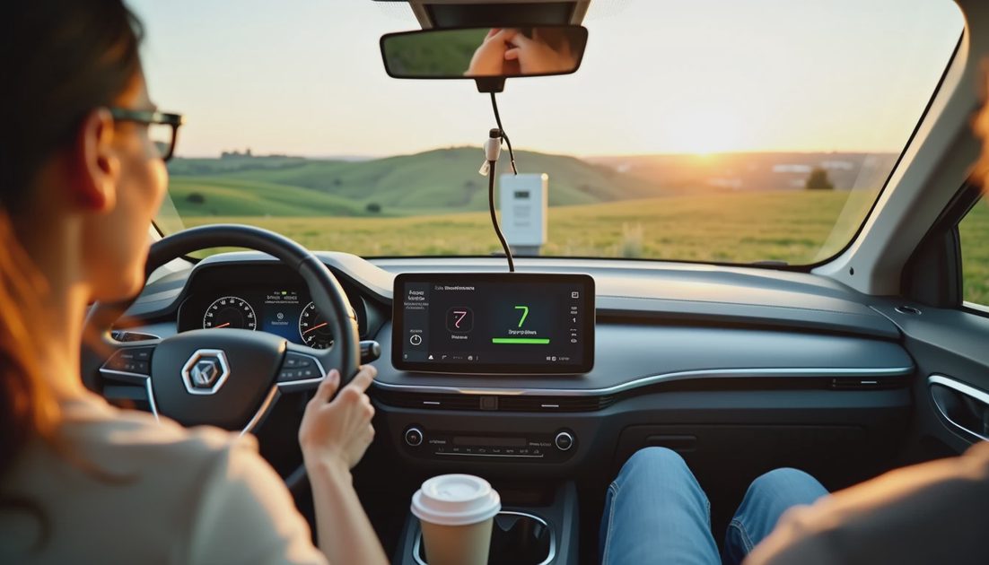Driver's view from inside a BYD Seal charging at an Ionity station in rural France, dashboard showing 72 percent charge with French countryside visible through windshield
