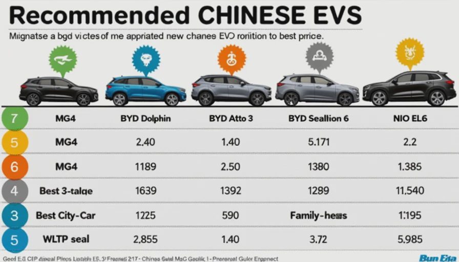 Best Chinese EVs 2026 comparison infographic showing MG4, BYD Dolphin, Atto 3, Sealion 6, Seal, and NIO EL6 ranked by price, range, and category recommendation