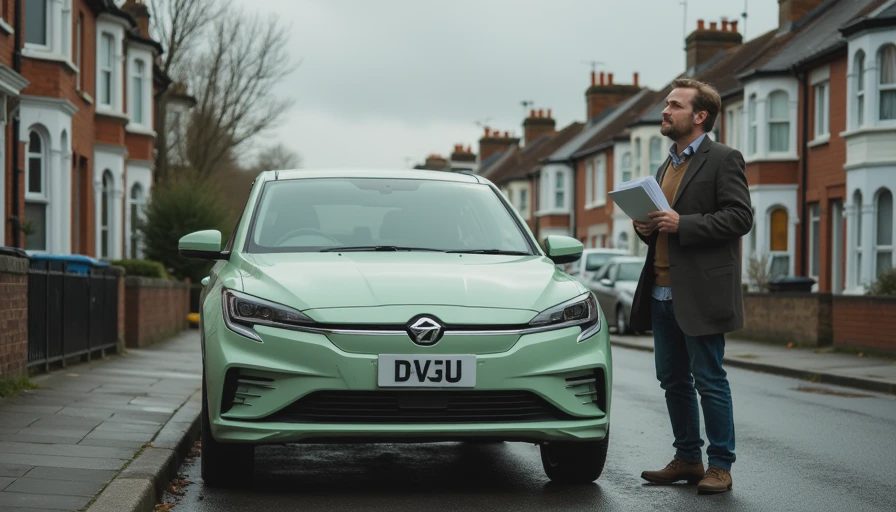 Grey-imported BYD Seagull parked on a British residential street with owner holding import paperwork, showing the reality of privately importing a Chinese EV