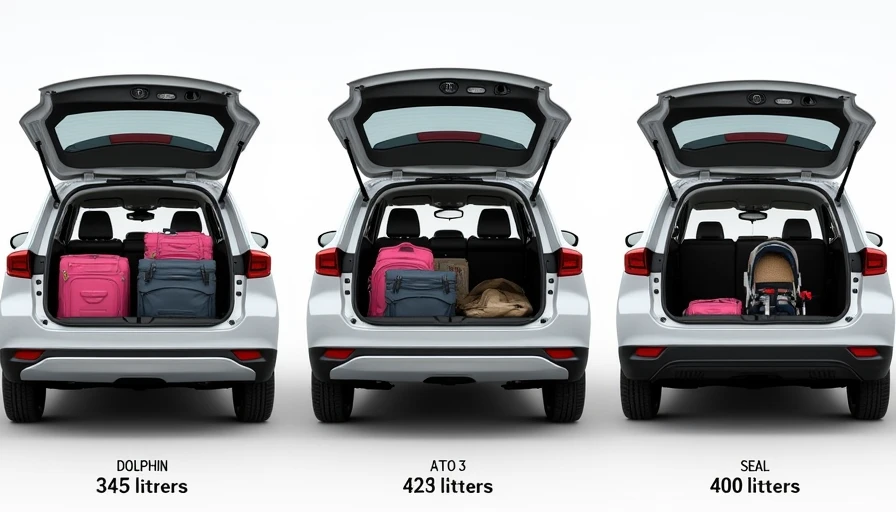 BYD Dolphin, Atto 3, and Seal boot space comparison showing cargo capacity differences between the three electric models with identical luggage loaded