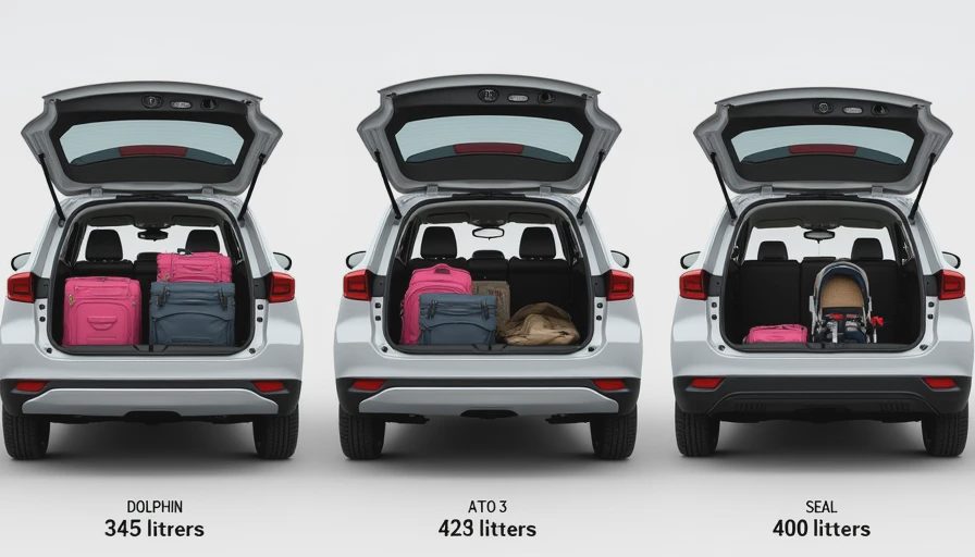 BYD Dolphin, Atto 3, and Seal boot space comparison showing cargo capacity differences between the three electric models with identical luggage loaded