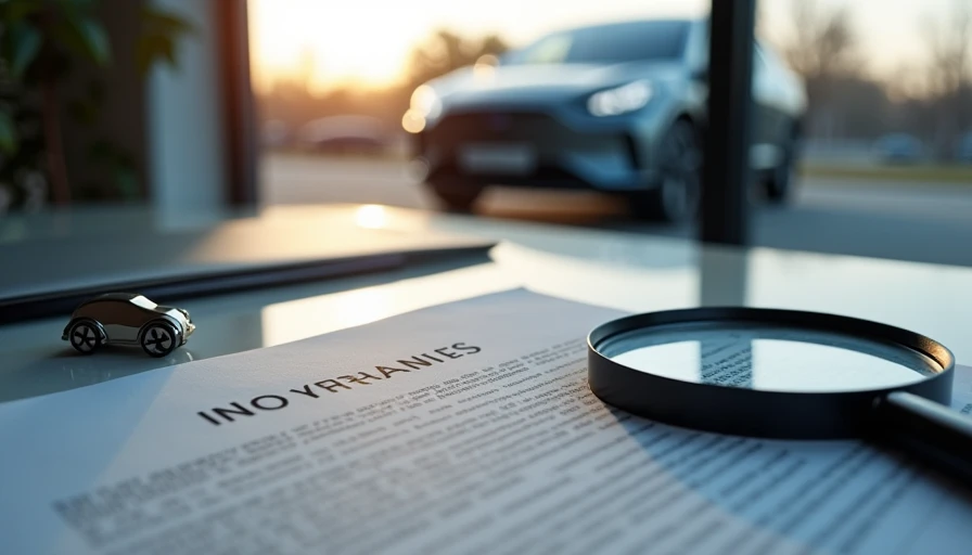 Electric vehicle warranty document under a magnifying glass with Chinese EV emblem on desk, emphasising scrutiny of fine print before purchase