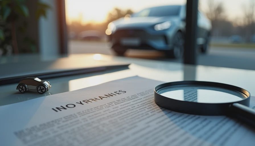 Electric vehicle warranty document under a magnifying glass with Chinese EV emblem on desk, emphasising scrutiny of fine print before purchase