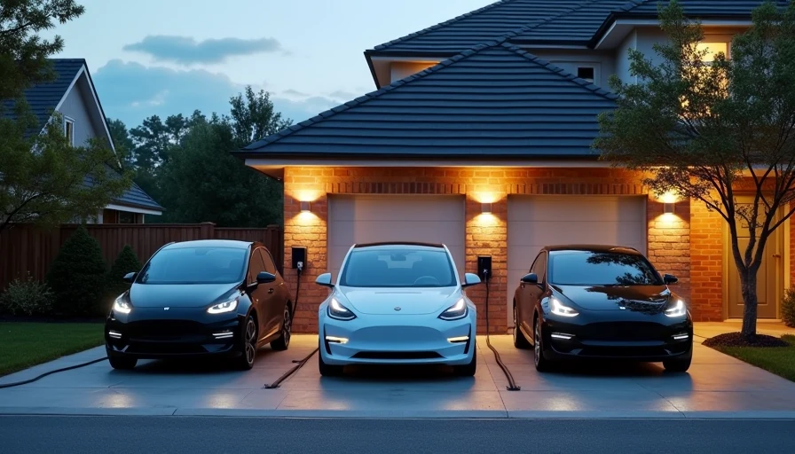 Three home EV charging options compared visually showing three-pin plug, 7 kW wall charger, and 22 kW industrial unit installed on the same suburban driveway