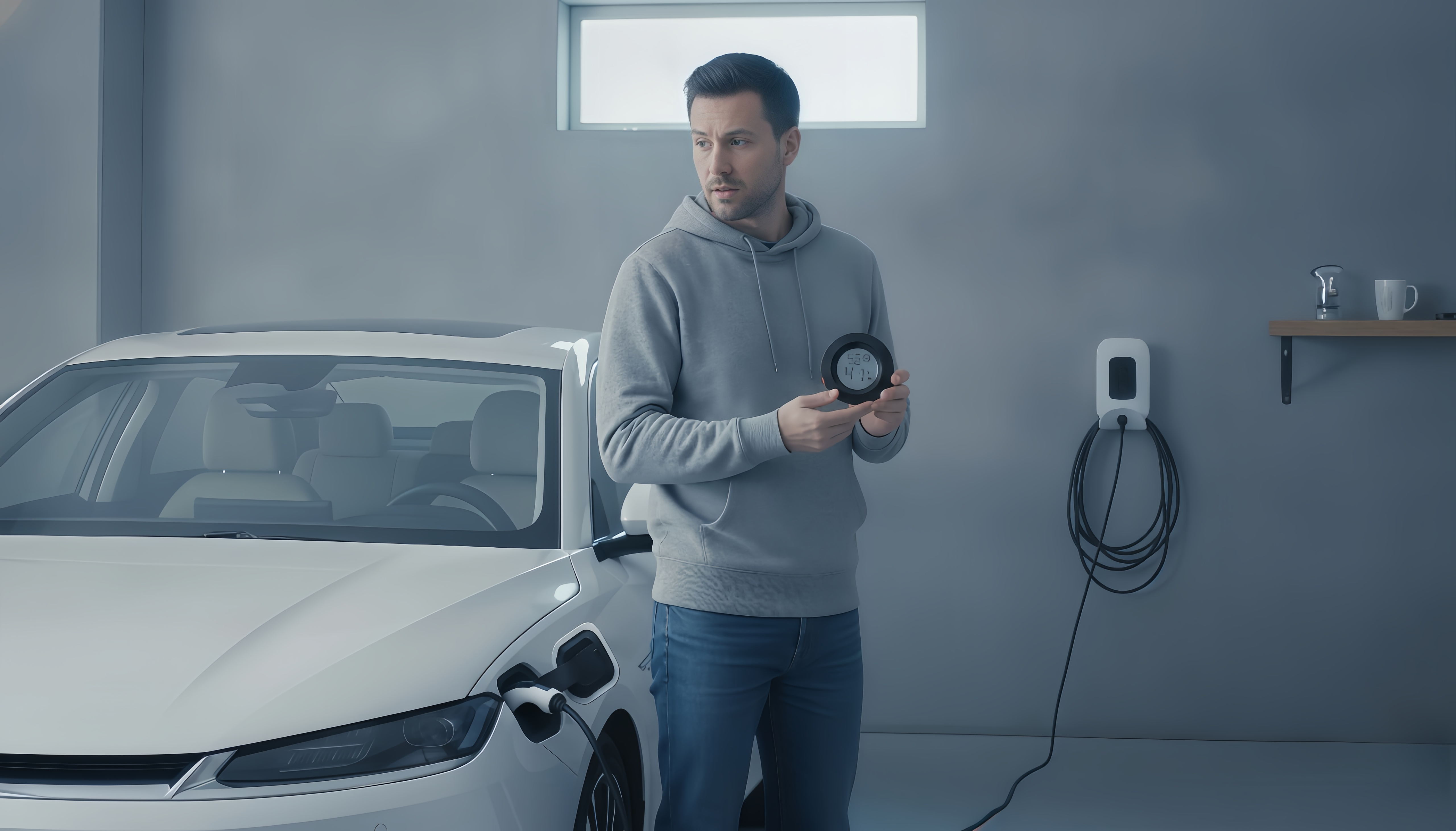 Garage hygrometer reading in a cold residential garage EV owner holding a digital hygrometer thermometer inside a cold residential garage, checking temperature and humidity readings next to a plugged-in electric car