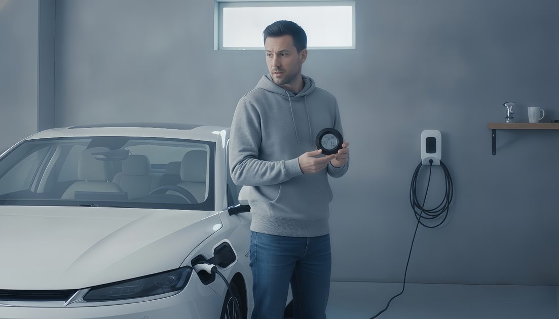 EV owner holding a digital hygrometer thermometer inside a cold residential garage, checking temperature and humidity readings next to a plugged-in electric car