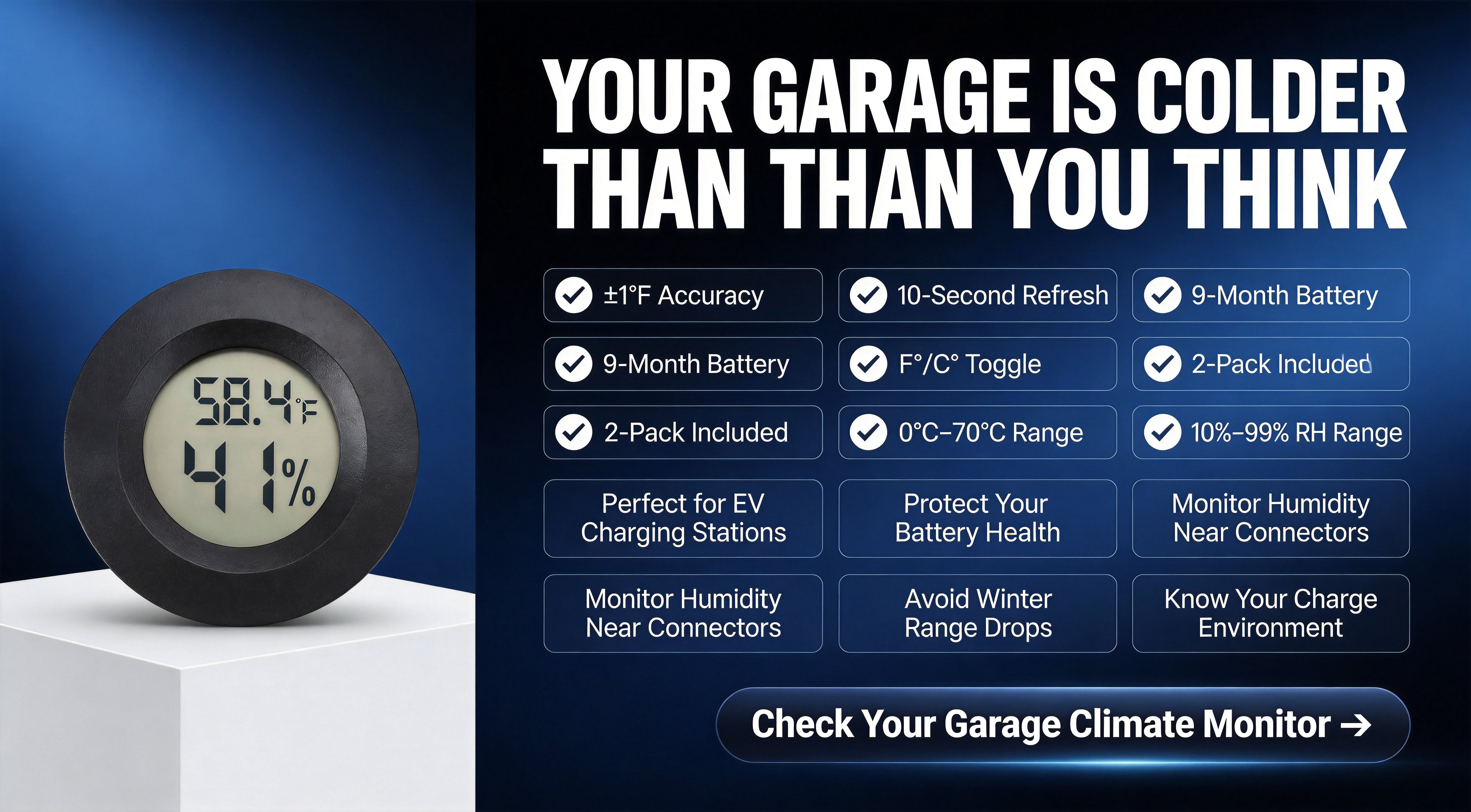 Garage climate monitor product highlights Promotional graphic for the garage climate monitor with feature highlights