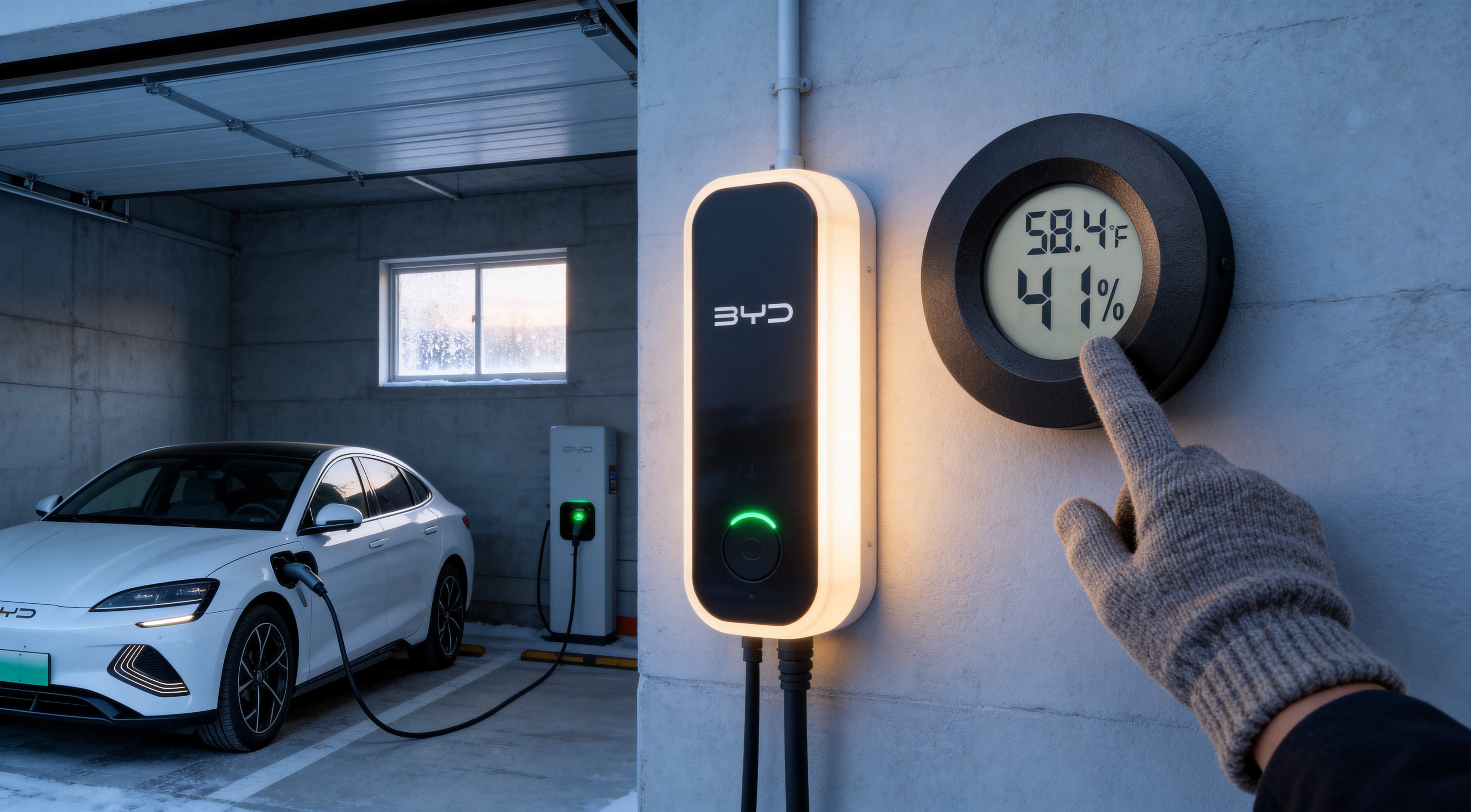 Hygrometer mounted near an EV charger on a garage wall Digital hygrometer mounted on a garage wall next to an EV charger, displaying temperature and humidity readings, with an electric car charging in the background