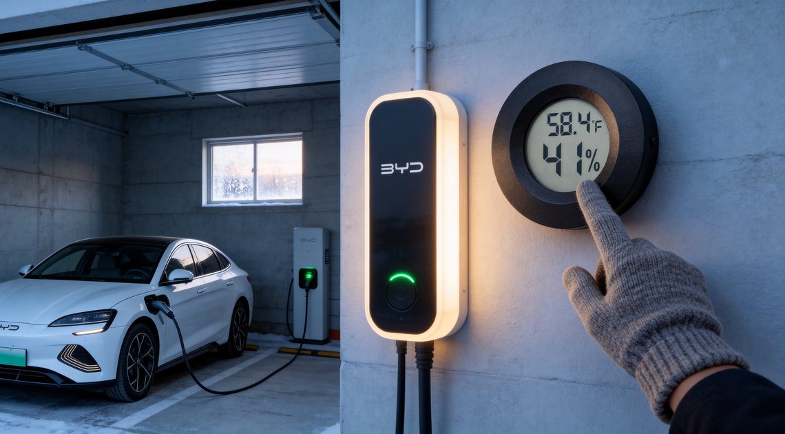 Digital hygrometer mounted on a garage wall next to an EV charger, displaying temperature and humidity readings, with an electric car charging in the background