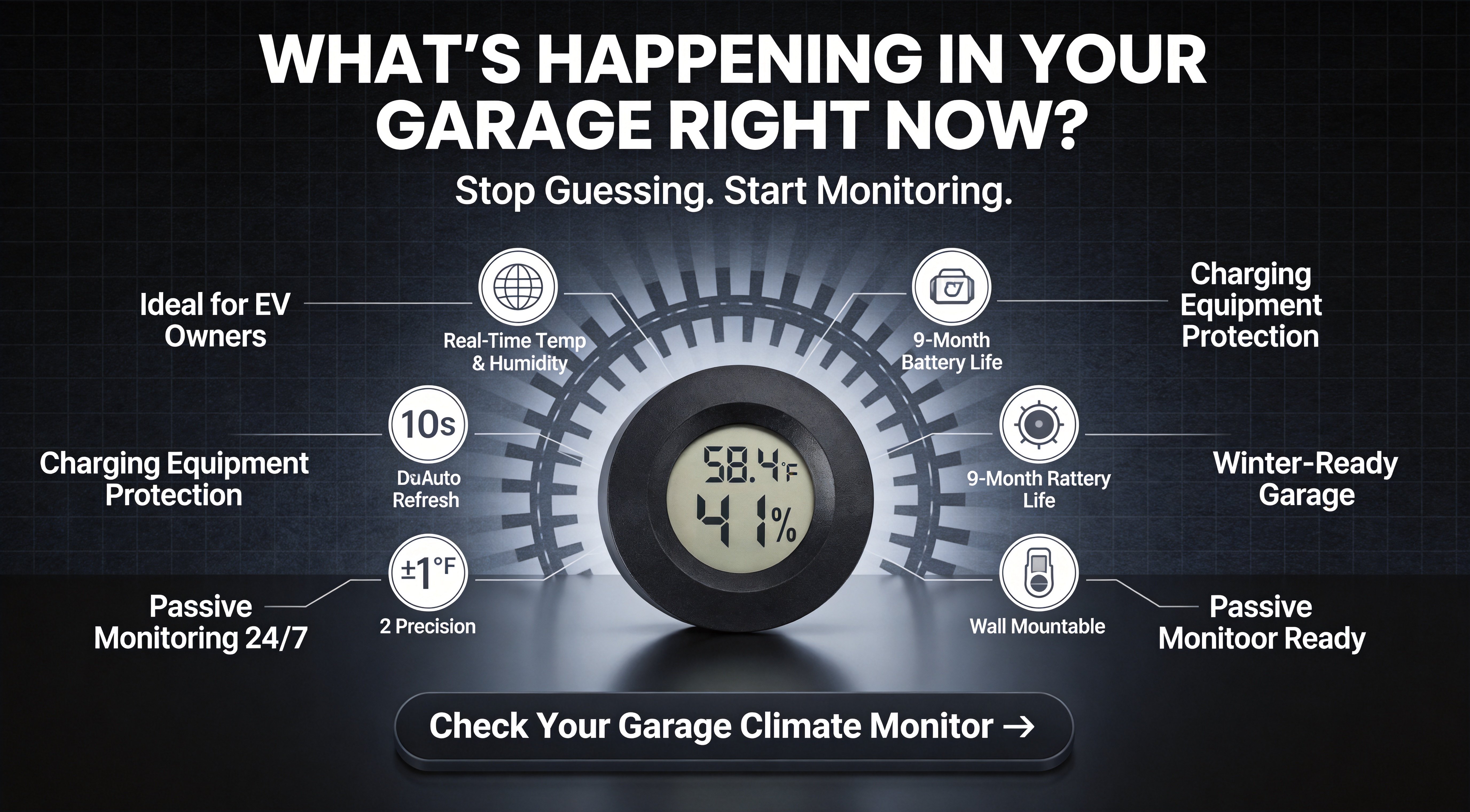 Two-pack garage hygrometer promotional image Promotional graphic for the two-pack garage hygrometer set