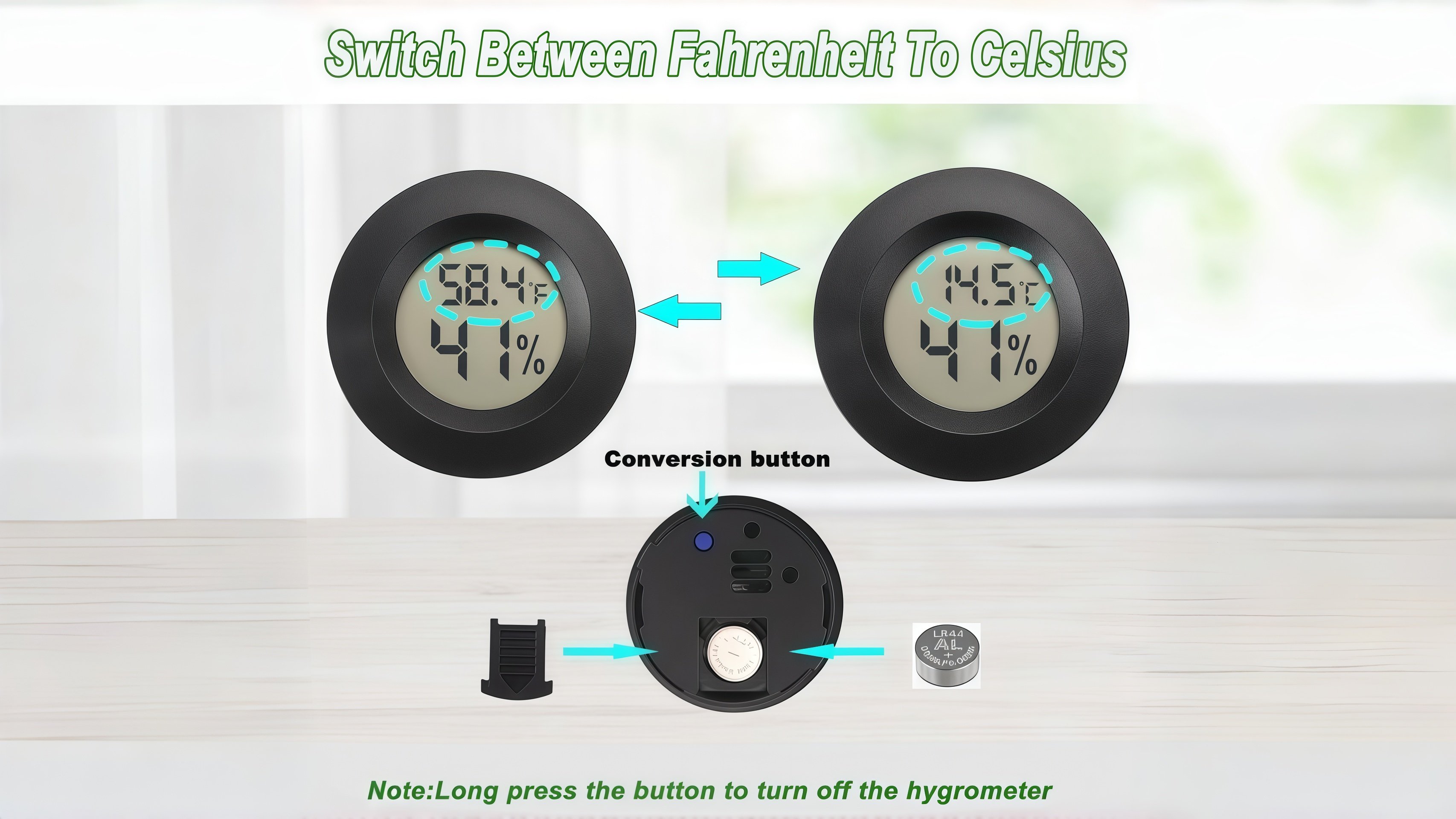 Switching between Celsius and Fahrenheit on the display Hygrometer display showing Celsius and Fahrenheit unit switch