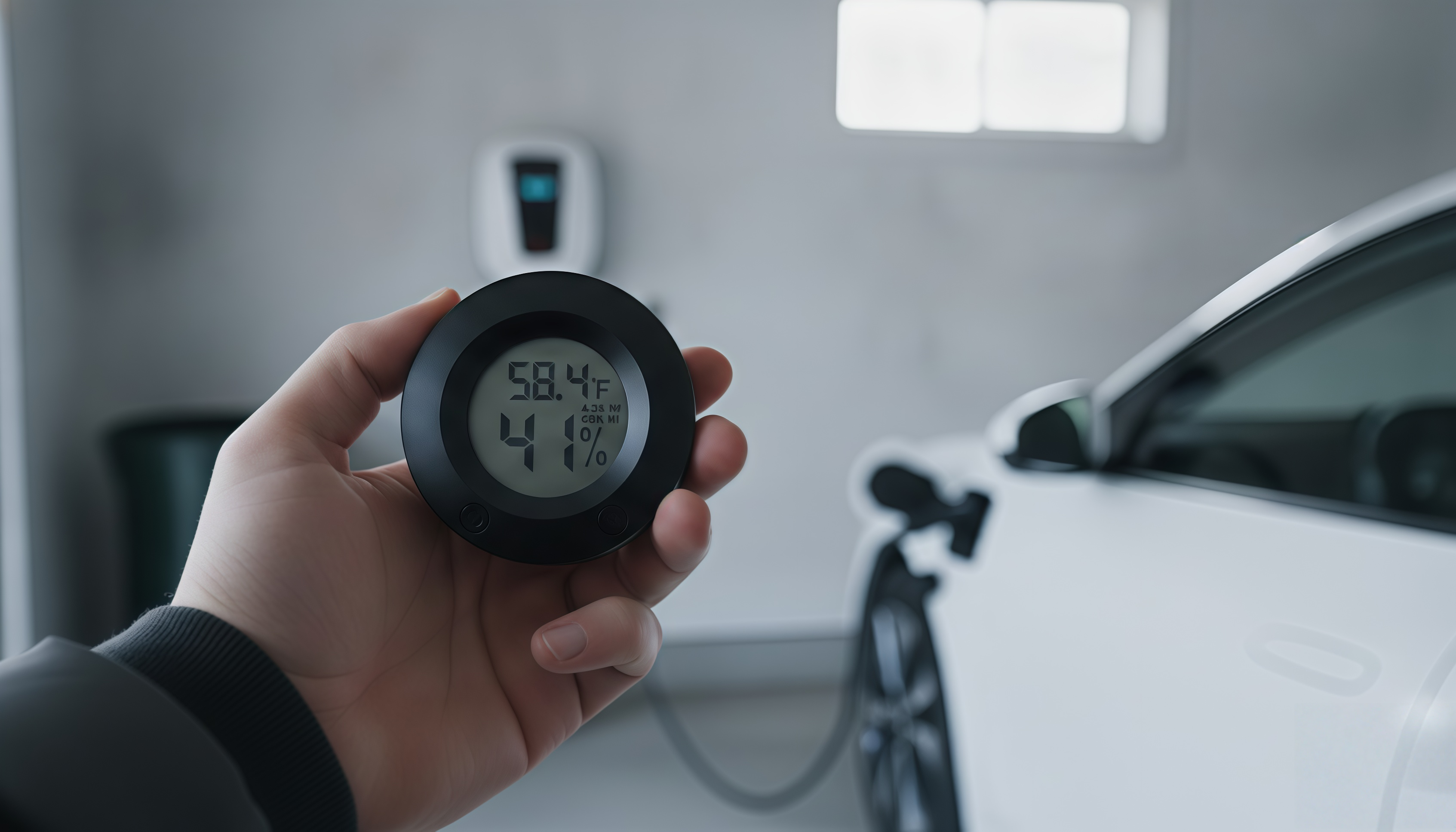 Close-up of hygrometer display readings Hand holding a digital hygrometer showing temperature and humidity readings