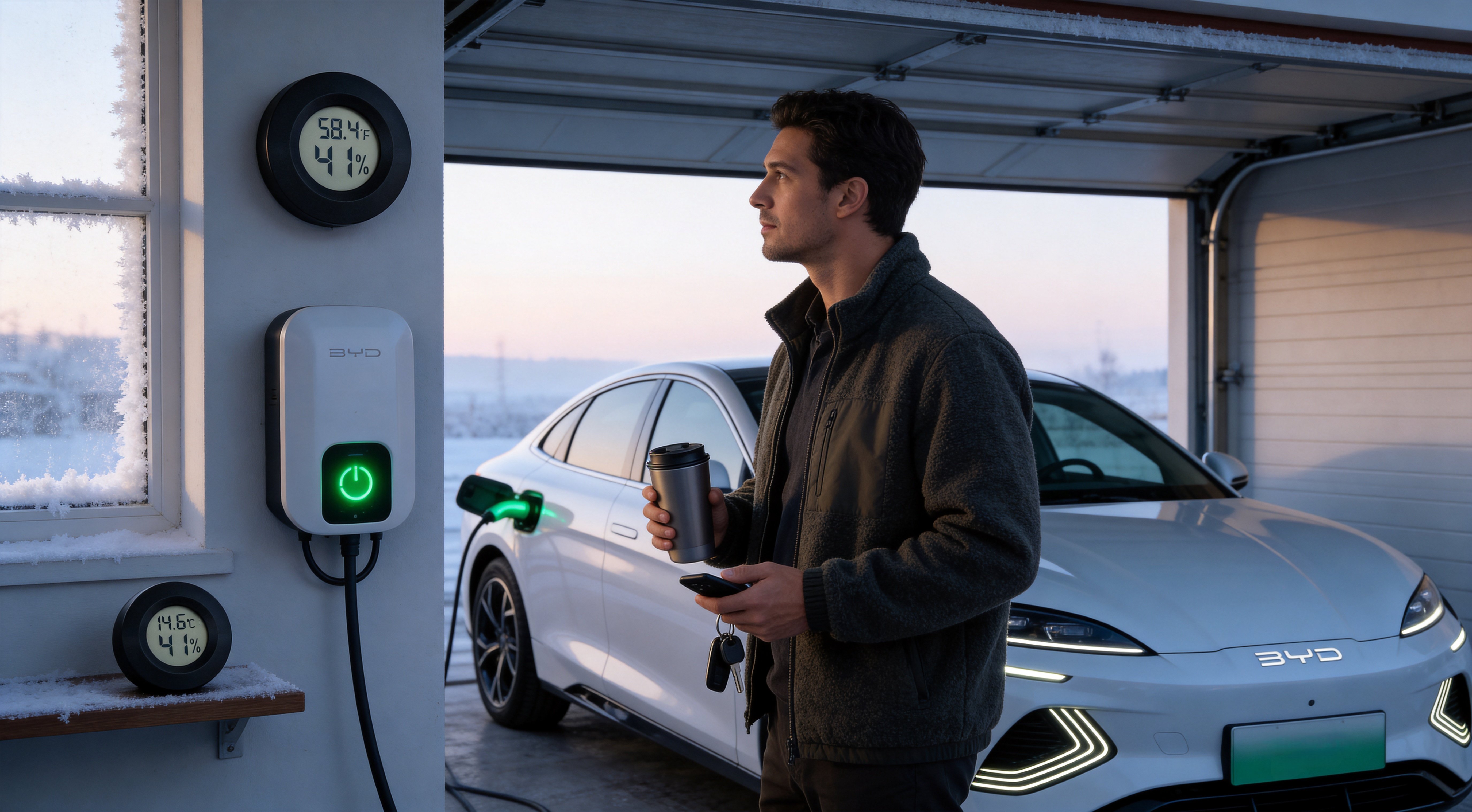 Checking the wall-mounted hygrometer near the car EV owner casually checking a wall-mounted digital hygrometer thermometer in a cold garage, with a second unit visible near the car, capturing a passive morning monitoring routine